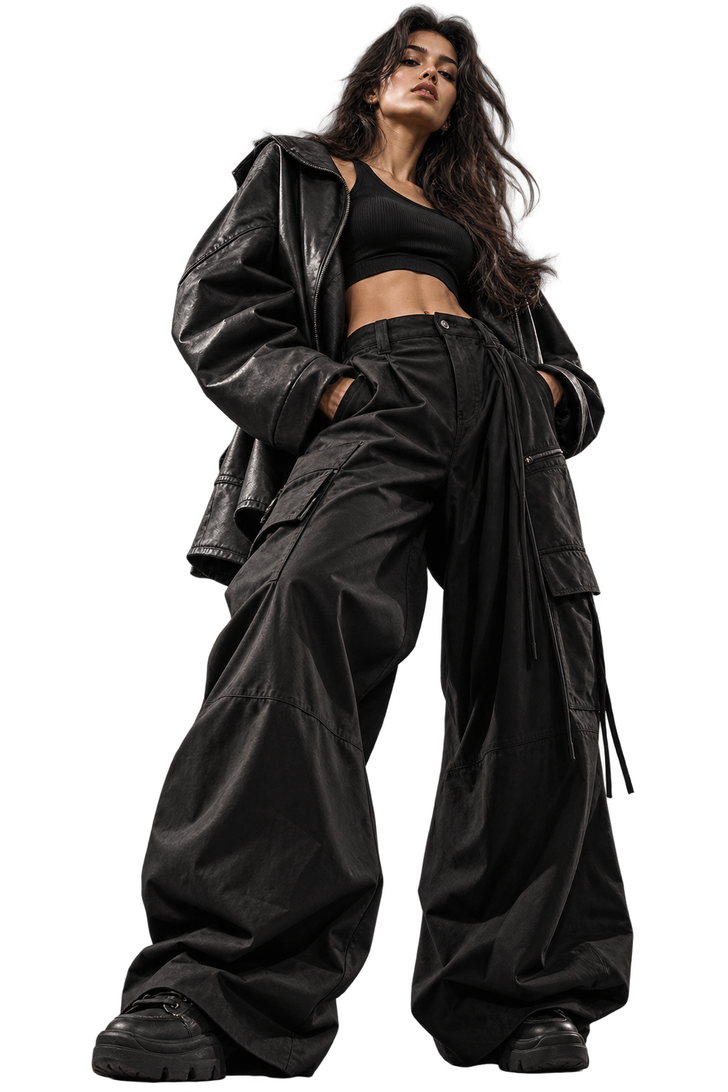 NOIR//FORM fashion model in black leather jacket and techwear